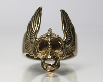 Vintage Winged Scull Biker Ring Brass