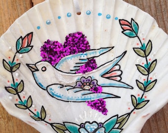 Christmas Heart & Festive Dove, Illustrated Sea Shell, Christmas Tree Decoration, Ornament