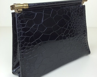 Garay black croc embossed structured clutch handbag 60s