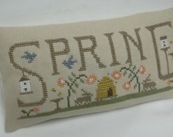 Spring Primitive Cross Stitch Mini Pillow , Beehive, Birdhouse, Rabbit