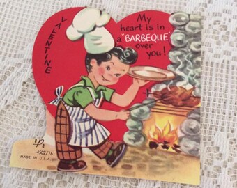 Vintage 1950s Valentine Card Man Cooking On A Barbecue Collectible Paper Ephemera Arts Crafts Scrap Booking