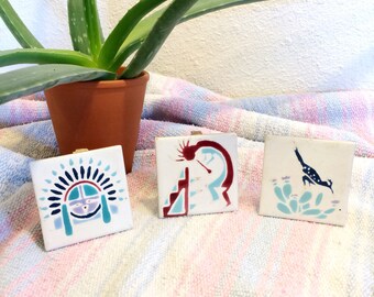 Vintage southwestern tiles/set of three decorative tiles/kokopelli art/roadrunner tile