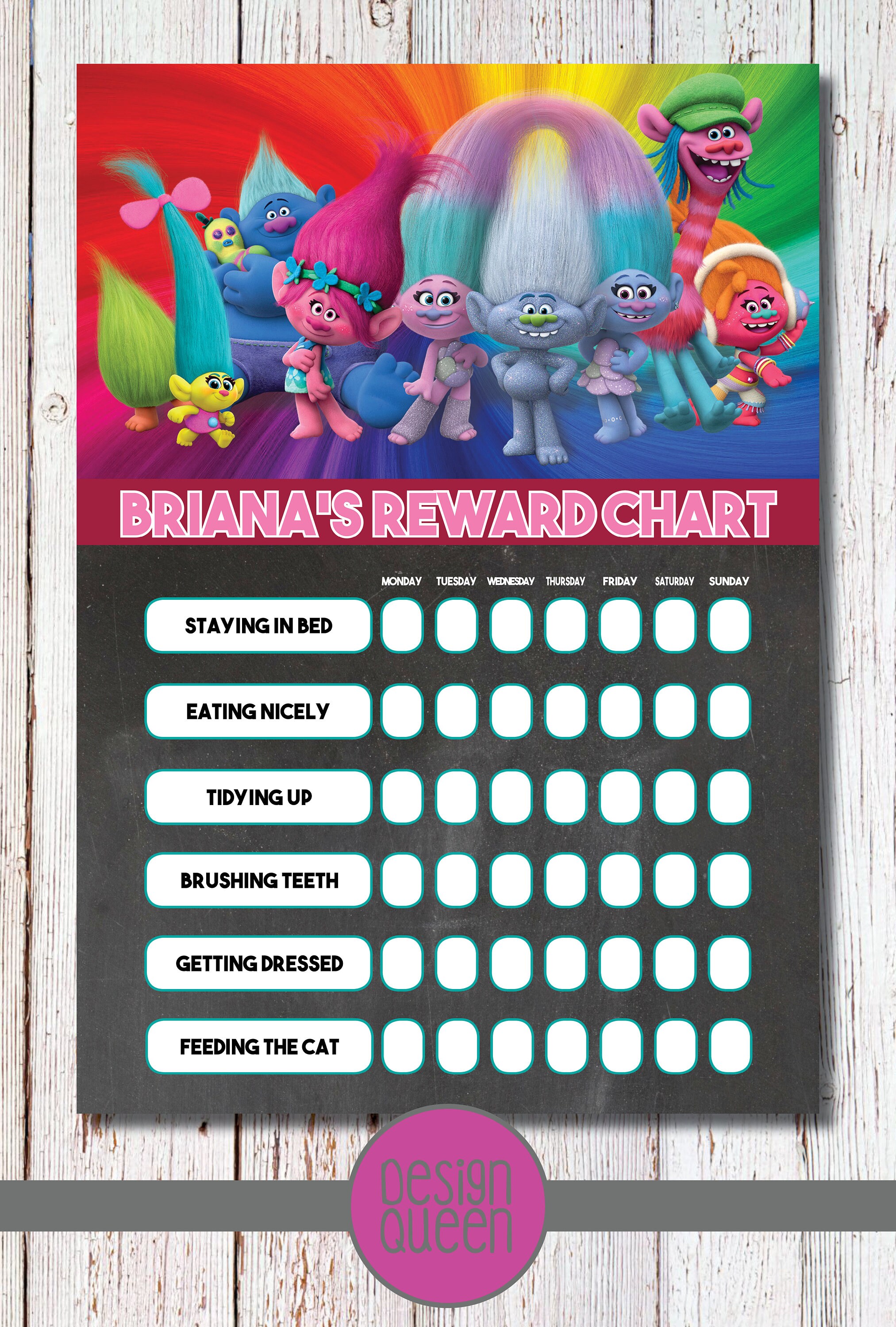 Customised Digital Trolls Reward Chart YOU PRINT