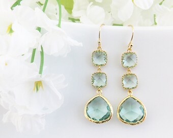 Long Bridesmaid Earrings, Aquamarine Gold Earrings, Mothers Day Gift, Wedding Earrings, Earrings for Mom, Bridesmaid Earrings, Gift for Her