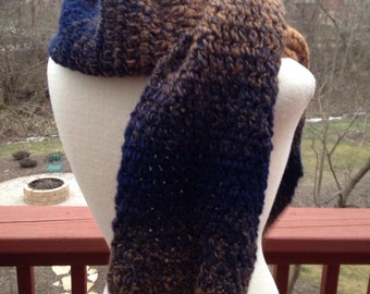 Crocheted ombré scarf, blue and brown scarf, warm winter scarf, handmade accessory, shoulder wrap, Valentine's Day gift, handmade scarf,