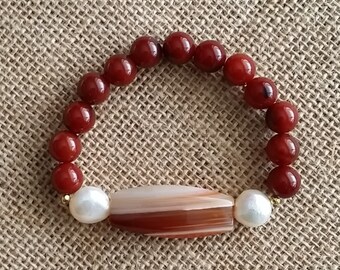 Carnelian, Freshwater pearl, Agate and Pyrite, stretch bracelet