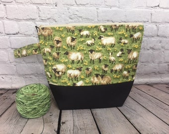 Sheep w/ Full length pocket, Knitting project bag, Crochet project bag, Zipper Project Bag, Yarn bowl