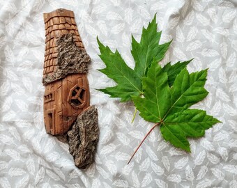 Hand Carved Whimsical House out of Cottonwood Bark