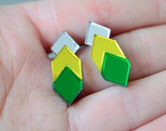 Mirror Perspex Geometric Stud Earrings - Silver / Green / Yellow
