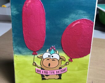 Pink Balloons Moo-tiful Birthday Card