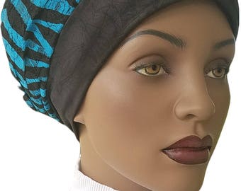 Teal Black Huggee Locks™ Beanie Distressed Jersey Knit Animal Print Lined Beanie Cap Hat Tam Slouchy Hat Rasta Rastafari Dreadie Handmade