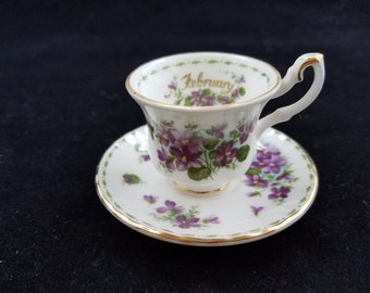 Royal Albert miniature tea cup and saucer, flower-of-the month February Violets