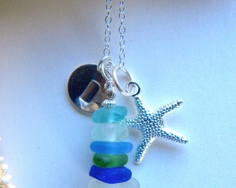 Personalized sea glass stacked pendant necklace with initial and starfish charms - sea glass charm necklace - beach bridesmaid jewelry