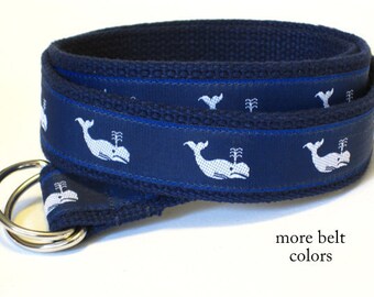 Whale Belt / Canvas Belt / Preppy D-ring Belt / Navy Webbing Belt / Ribbon Belt for men, teens big & tall men - White Whales