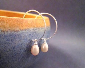 Pearl Earrings, White Freshwater Pearl and Silver Hoop Earrings, Teardrop Earrings, FREE Shipping U.S.