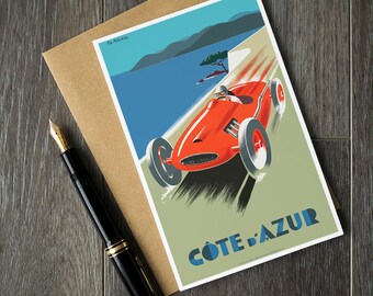 Cote d'Azur card, French riviera greeting card, race car birthday card, racing christmas card, racing gifts, vintage car gift cards, car art