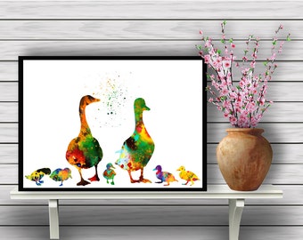 Duck Family, Ducklings, Colorful Birds,Watercolor Room Decor, Poster, Animal, Nature, Poultry, gift Instant Download