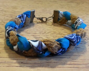 Braided Fabric Bracelet - Tan/Turquoise/Purple Waves - 3/4 inch width