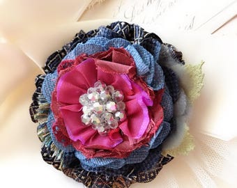 Large Flower Brooch - Fabric Flower Pin - Mother's Day Gift - Blue Flower Pin - Textile Jewelry - Colorful Jewelry - Navy Blue Corsage Pin