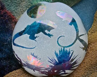 Lampwork Beads "Desert Iguanas" Handmade Sandblasted Glass SRA ~ Watercolour Iridescent Lustre Picture Lentil Bead ~ Sky & Aqua