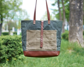 Green & brown waxed canvas tote bag. Canvas and leather bag. Green canvas tote bag. Waxed canvas bag.