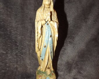 Antique Virgin Mary Statue - French Chalkware Plaster Religious Figure - Devotion Christian Statue - Vierge Marie