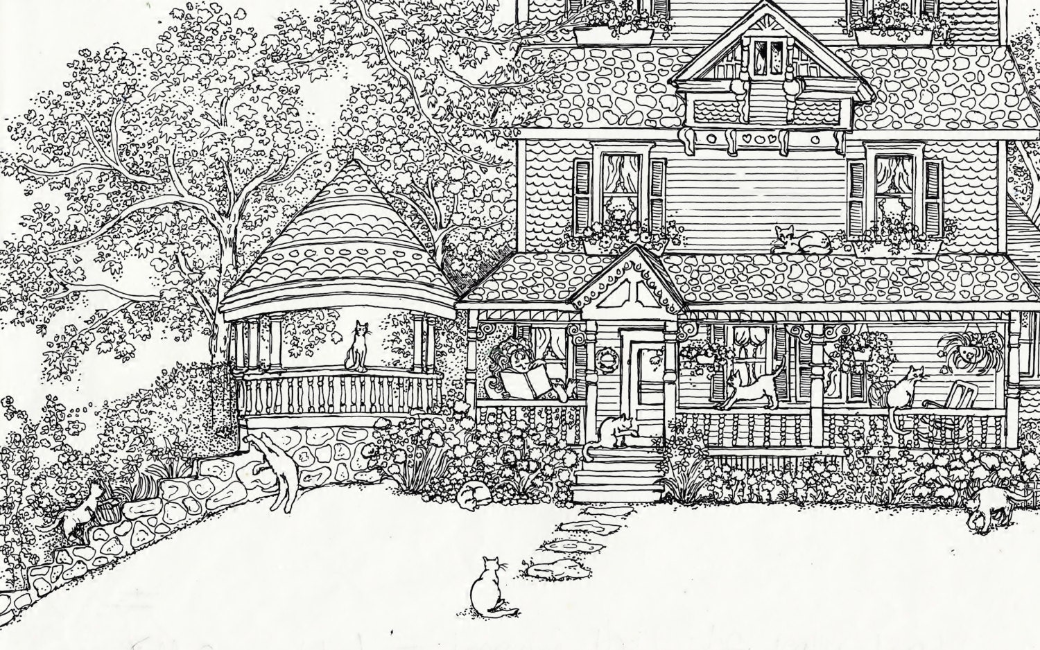 Adult Coloring Page House Of Cats Instant