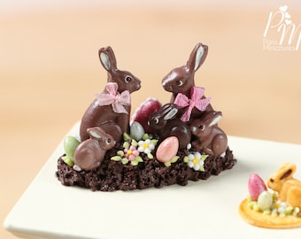 MTO-Chocolate Easter Rabbit Family Display (B) - Miniature Food in 12th Scale for Dollhouse
