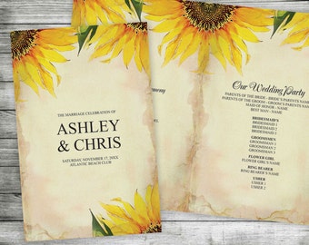 DIY Wedding Program - Editable MS Word Template, Floral Sunflower Print Your Own, Printable Order of Service, Yellow, Gold, Digital Prints