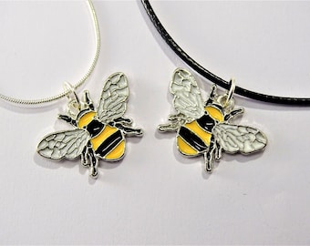 Bumble Bee necklace, Bee Pendant Necklace, Nature Love Jewellery, Silver Necklace Insect Bee Chain, Leather Cord Necklace , Black Yellow Bee