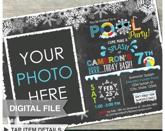 Winter Pool Birthday Party Chalkboard Invitation Snow Indoor Pool - Blue - Photo - DIGITAL Printable Invite - 5” x 7”