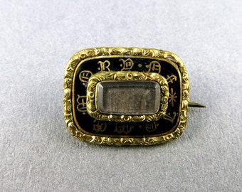 Antique Georgian Brooch Antique Mourning Jewelry Black And Gold Jewelry Gilt Enamel Jewelry Antiques Pin