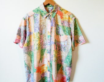 Vintage Silk Abstract Pastel Blouse / Billowy Silk Pastel Button Down / 1980s Silk Boxy Blouse