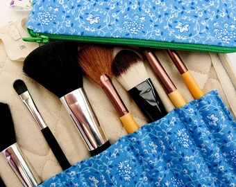 Make-up brush organiser, zipper bag set, blue makeup bag, girlfriend gift, gift for her, blue gift