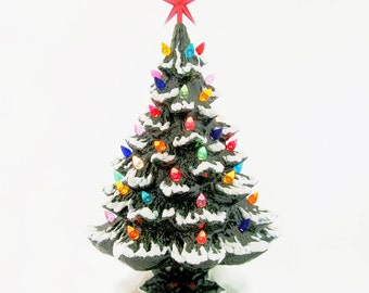 Snow Falling at Christmas Ceramic Christmas Tree 16 Inch Tall Tabletop Style Green Snow on Branches Color Lights Detail Base - Made to Order