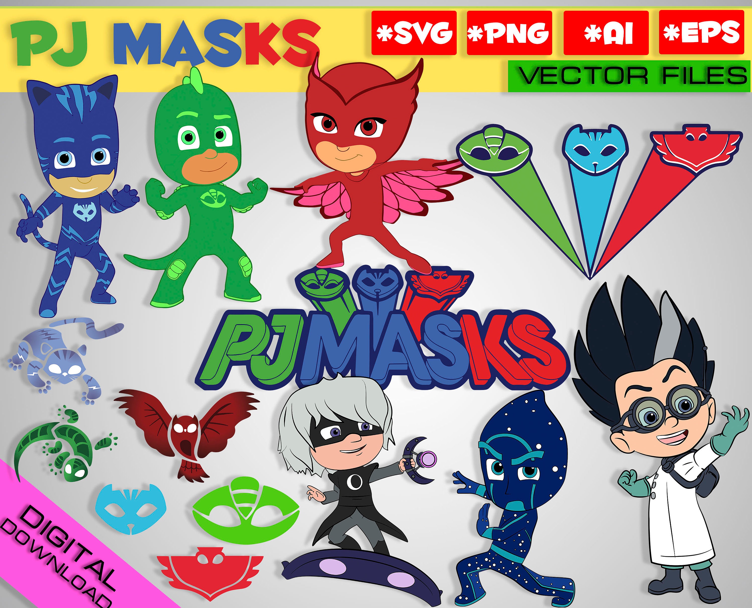 Download PJ masks SVG png EPS 14 vector files Digital masks clipart