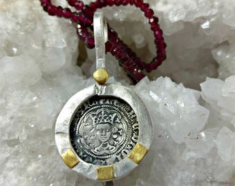 Ancient coin Necklace, Henry VI silver coin and gemstone strand necklace, Ancient Coin Jewelry