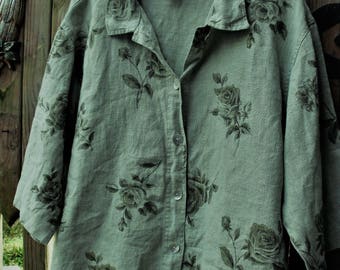 Linen Jacket/ Sage Green-Roses/ Plus Size Jacket/ 100 Percent Linen/ Thrifted Vintage/ Sweet Jessie Jacket/ Shabbyfab Funwear/