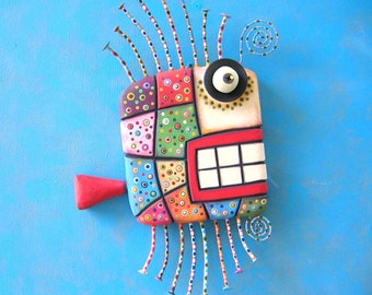 Quilted Sea Bass, MADE to ORDER, Original Found Object Wall Sculpture, Wood Carving, Wall Decor, by Fig Jam Studio