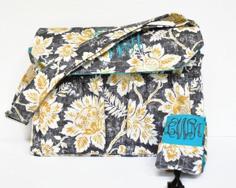 Personalized Floral DSLR Camera Bag in Gray Yellow Turquoise with Camera Strap in Canon Rebel T3i EOS 55mm Monogrammed Bag