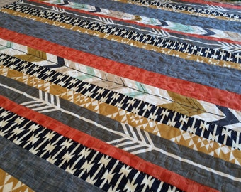 Rustic Farmhouse Baby Quilt Dakota Crib Quilt Crib Baby Boy Strip Woodland Aztec Arrows Tribal Gender Neutral Gray Navy Gold Red Navajo