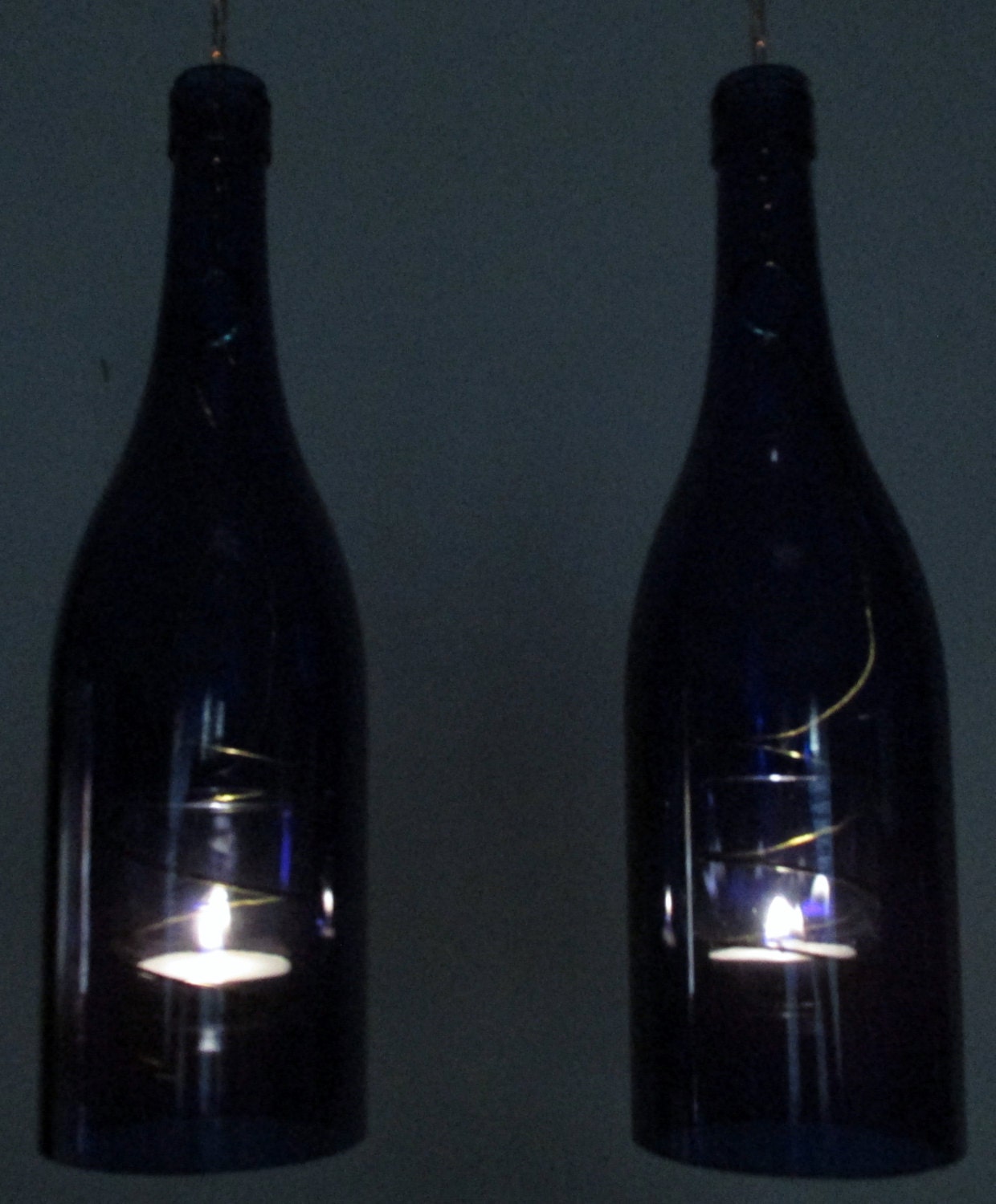 Upcycled Wine Bottle Hurricane Candle Holder Outdoor Lighting Upcycled Wine Bottle Hurricane Candle Holder Outdoor Lighting Recycled Art Hanging Lamp Cobalt Blue