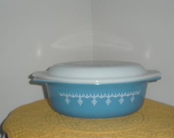 Vintage Blue Pyrex Casserole Dish with Snowflake Garland