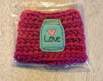 Magenta Colored Firefly Mason Jar Crochet Coffee Cozy, Drink Sleeve