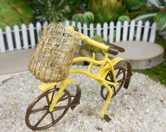 Miniature Bike for Fairies ~ Mini Yellow Bicycle w/ Basket ~ Tiny Metal Rustic Bike Accessory ~ Miniature Garden & Fairy Terrarium Supply