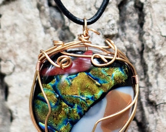 Copper wire wrapped round dichroic glass Pendant