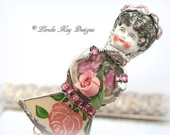 Belle Roses Doll Brooch Ornament Broken China Art Doll Flowers Mixed Media Soldered Assemblage Art Girl Broach