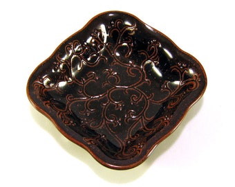 Hand Engraved Soap Dish - Serving Dish - Small Tray - Boho Candy Dish - Black Trinket Tray - Cottage Chic Engraved Tray - Square Snack Dish