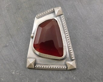 Faceted Carnelian Ornate Modernist Pendant, Oxidized Sterling Silver, Rose Cut Carnelian Geometric Pendant