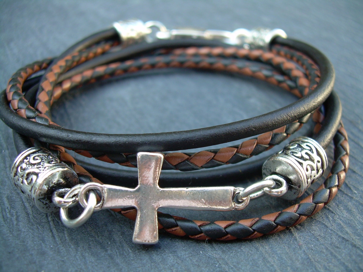 Leather Bracelet Black and Brown Cross Bracelet Cross